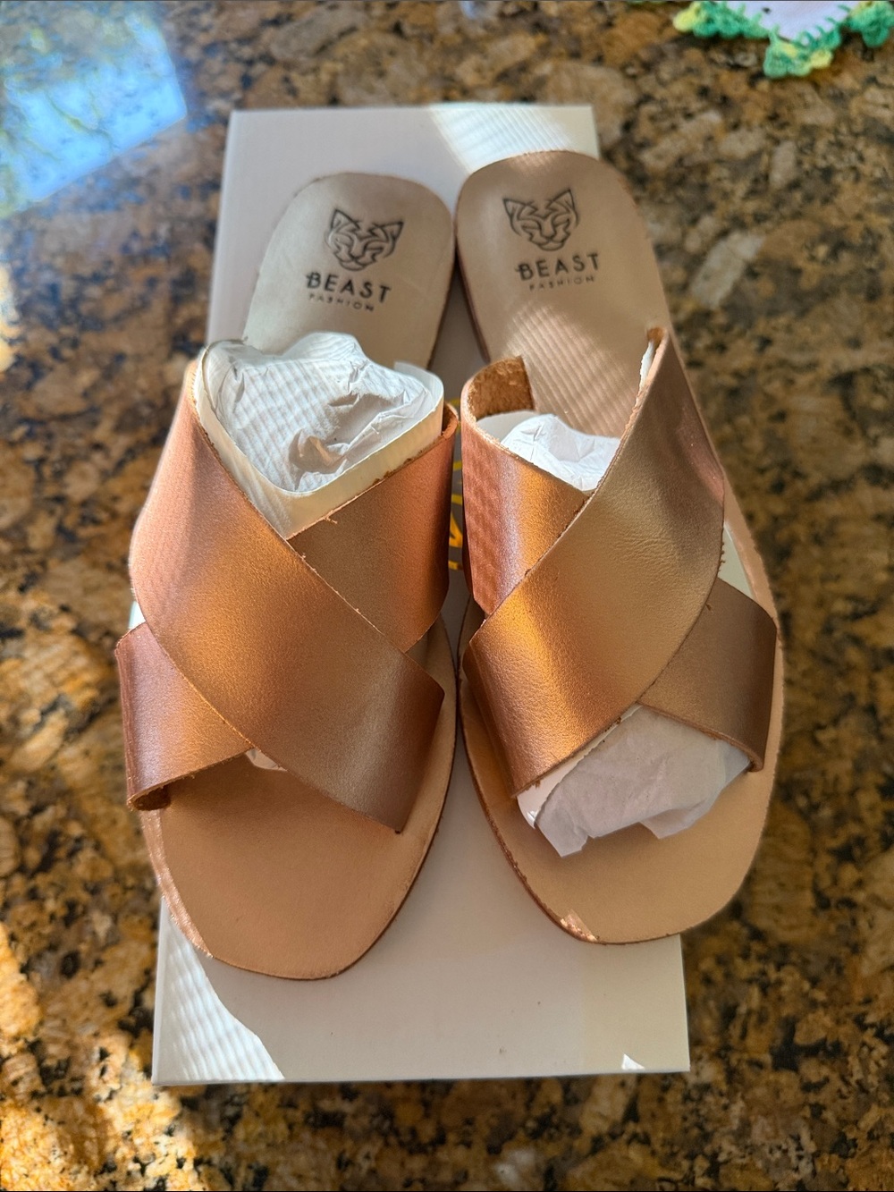 BEAST FASHION Rose Gold Crisscross Slide Sandals